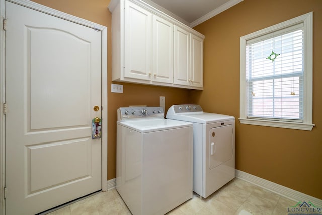 7 Casey Ct, Longview, TX 75604 - laundry room featuring cabinet space, washing machine and clothes dryer, and ornamental molding