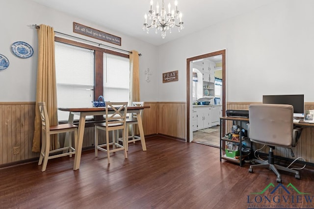 office with wooden walls, a chandelier, wood finished floors, and wainscoting