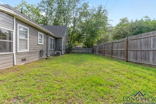 view of yard featuring central AC unit and a fenced backyard