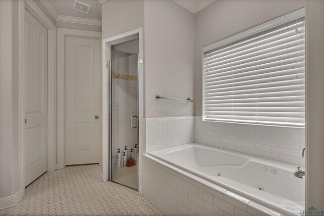 475 Highland Pl, Hallsville, TX 75650 - bathroom with a tub with jets, crown molding, a shower stall, and visible vents