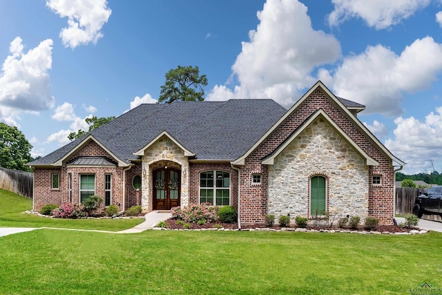 475 Highland Pl, Hallsville, TX 75650 - view of front of property featuring stone siding, fence, french doors, and a front lawn