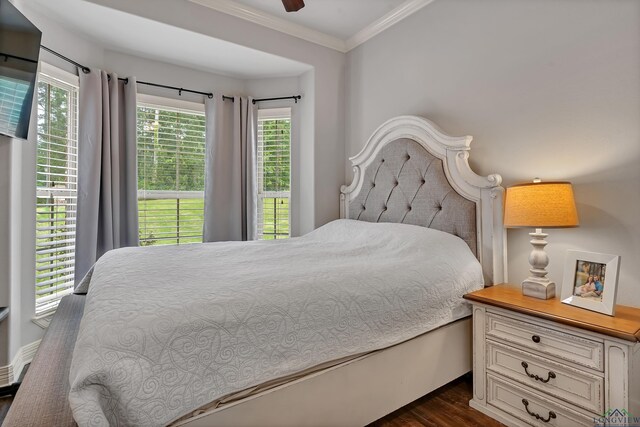 475 Highland Pl, Hallsville, TX 75650 - bedroom featuring dark wood-style flooring, ornamental molding, and ceiling fan
