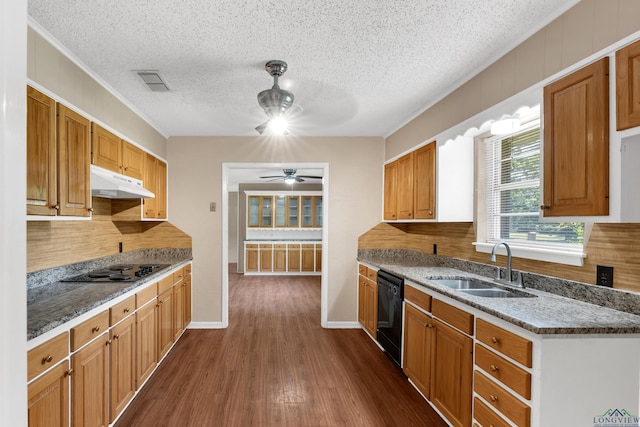 105 Bison Trl, Longview, TX 75601 - kitchen featuring under cabinet range hood, black appliances, a sink, ceiling fan, and decorative backsplash