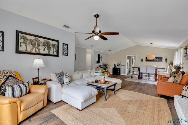 602 Pierce St, Lindale, TX 75771 - living area featuring dark wood-type flooring, a ceiling fan, and vaulted ceiling