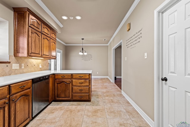 kitchen with kitchen peninsula, backsplash, stainless steel dishwasher, pendant lighting, and a notable chandelier