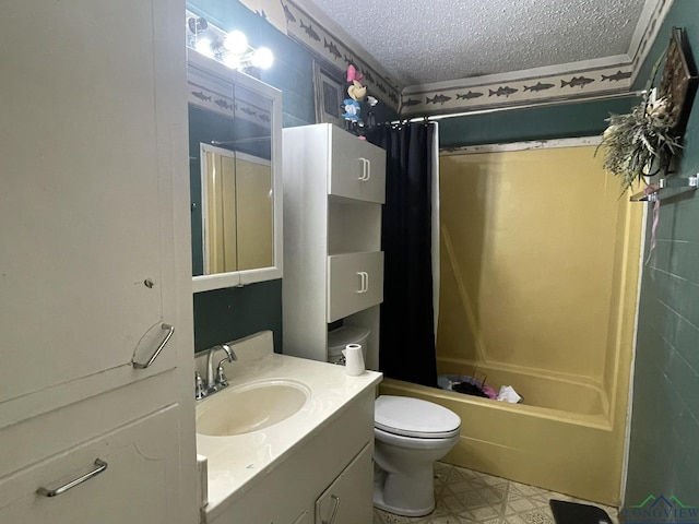 full bathroom featuring vanity, shower / bath combination with curtain, a textured ceiling, and toilet