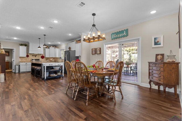 1767 County Road 3840, Hawkins, TX 75765 - dining space with ornamental molding, dark wood-style floors, a chandelier, recessed lighting, and baseboards