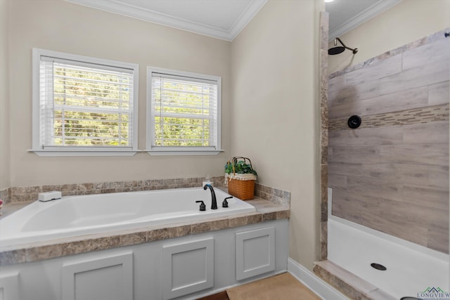 1767 County Road 3840, Hawkins, TX 75765 - bathroom featuring crown molding, tiled shower, and a garden tub