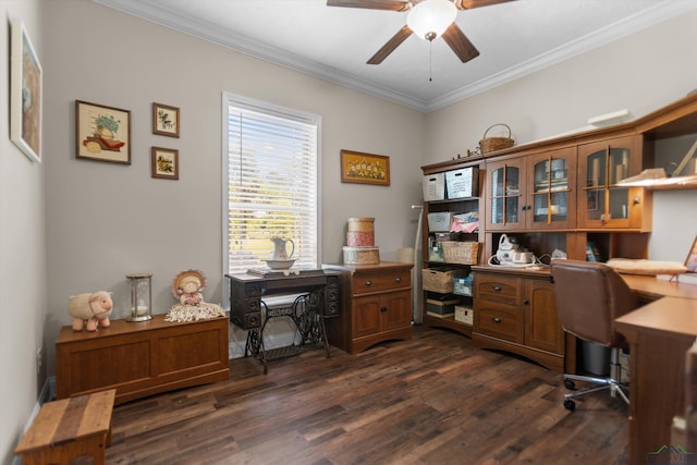 1767 County Road 3840, Hawkins, TX 75765 - office area featuring a ceiling fan, dark wood-type flooring, and ornamental molding