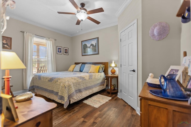 1767 County Road 3840, Hawkins, TX 75765 - bedroom with dark wood-type flooring, crown molding, and ceiling fan