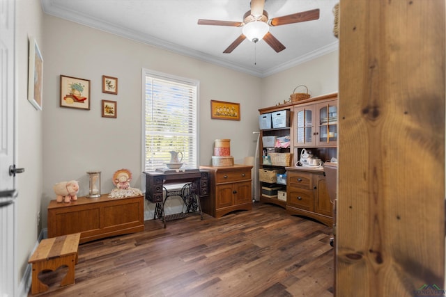 1767 County Road 3840, Hawkins, TX 75765 - home office with dark wood-type flooring, crown molding, and ceiling fan
