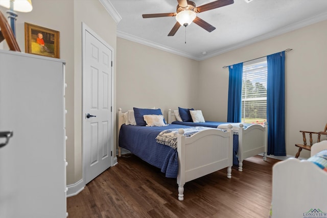 1767 County Road 3840, Hawkins, TX 75765 - bedroom with wood finished floors, ornamental molding, baseboards, and ceiling fan