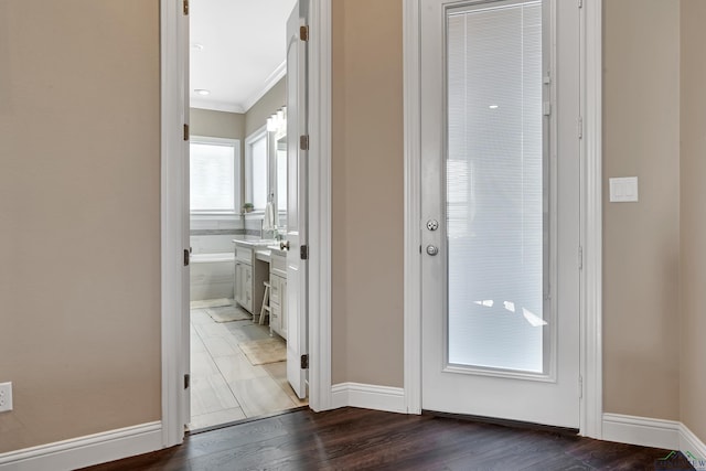 interior space featuring dark hardwood / wood-style flooring and crown molding