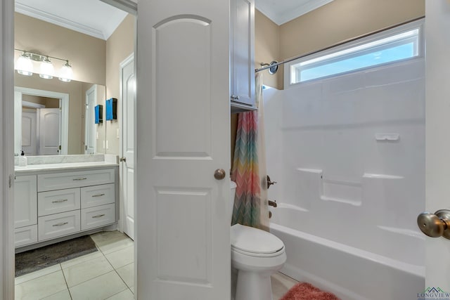 full bathroom with vanity, crown molding, tile patterned flooring, toilet, and shower / bath combo with shower curtain