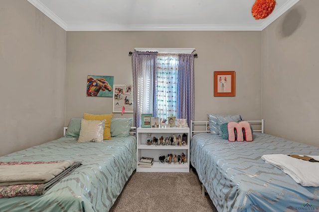 carpeted bedroom with ornamental molding