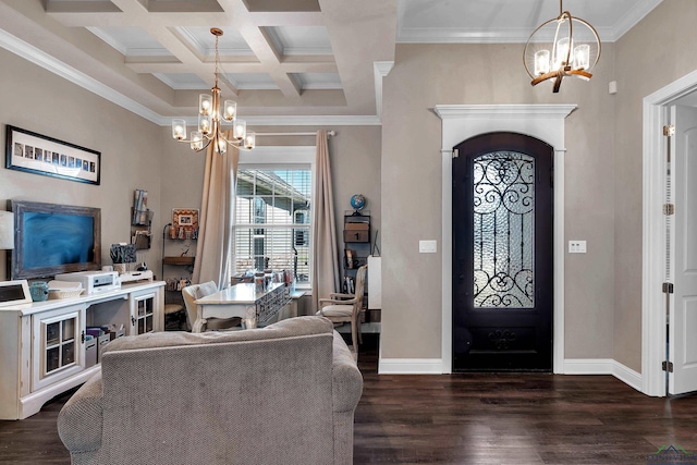 entryway featuring beamed ceiling, ornamental molding, hardwood / wood-style flooring, and coffered ceiling