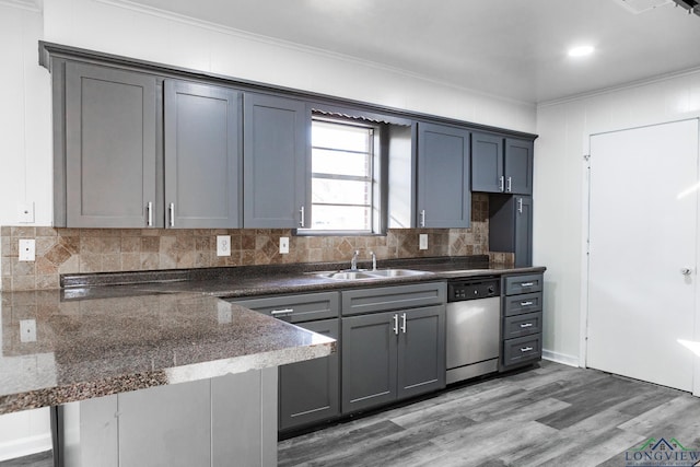 kitchen featuring tasteful backsplash, sink, gray cabinetry, stainless steel dishwasher, and kitchen peninsula