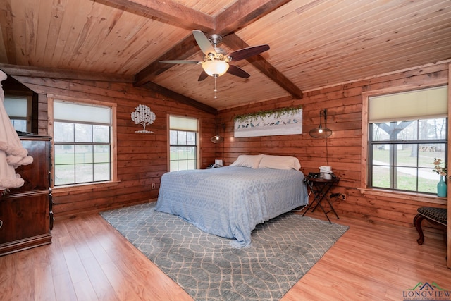 bedroom featuring hardwood / wood-style flooring, ceiling fan, wood ceiling, and wooden walls