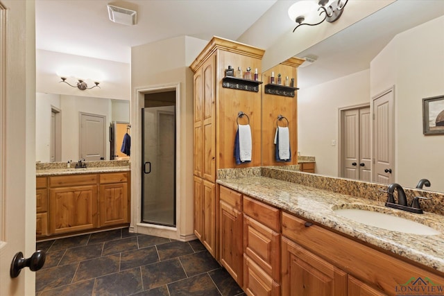 bathroom with two vanities, visible vents, a sink, and a shower stall