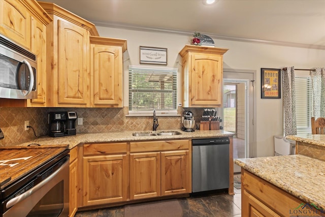 kitchen with a sink, backsplash, appliances with stainless steel finishes, and crown molding