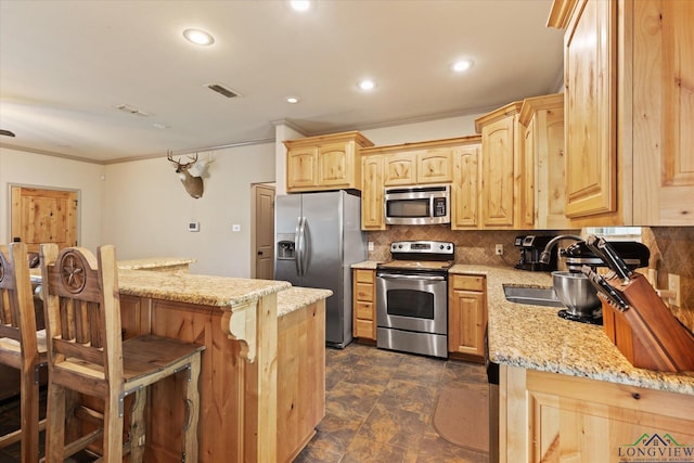 kitchen with crown molding, decorative backsplash, light brown cabinetry, appliances with stainless steel finishes, and visible vents