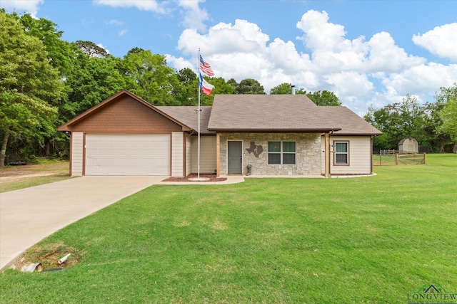 ranch-style home featuring a front lawn, stone siding, concrete driveway, fence, and a garage