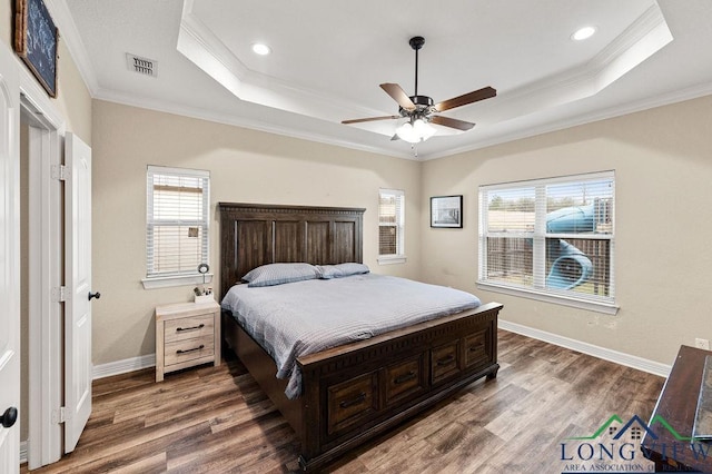 bedroom with multiple windows, a raised ceiling, and visible vents