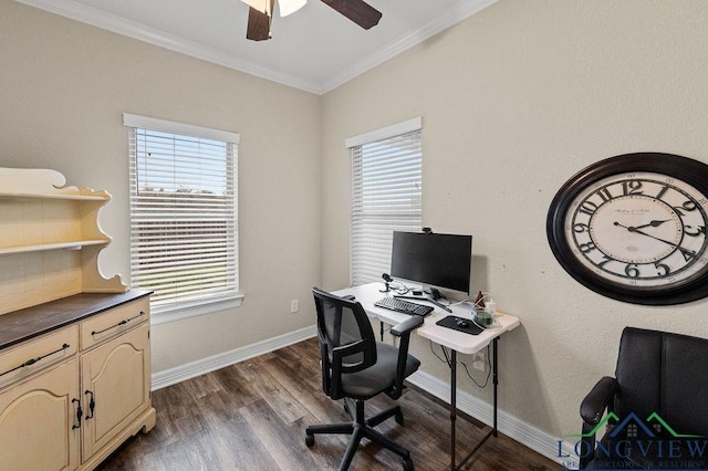 office area featuring a ceiling fan, baseboards, dark wood-style flooring, and crown molding