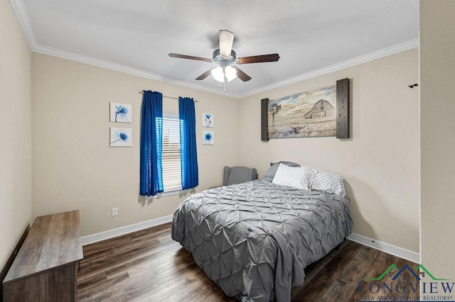 bedroom with a ceiling fan, baseboards, dark wood-style flooring, and ornamental molding