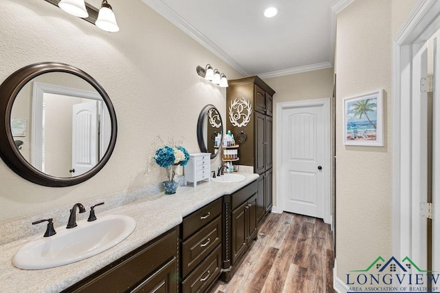 full bathroom featuring crown molding, double vanity, a sink, and wood finished floors