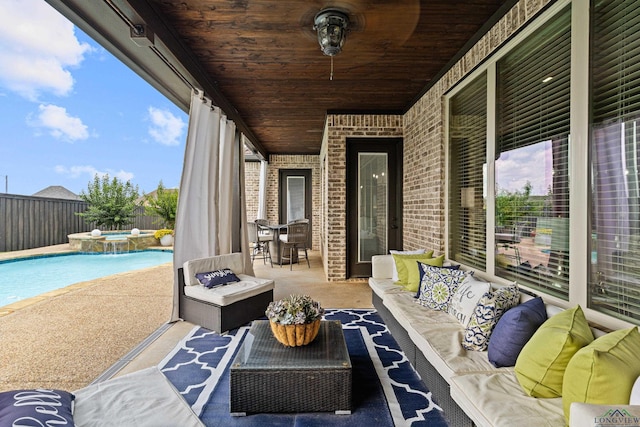 1600 Olympic Dr, Longview, TX 75605 - sunroom featuring an outdoor hangout area, wooden ceiling, brick wall, outdoor dining space, and plenty of natural light