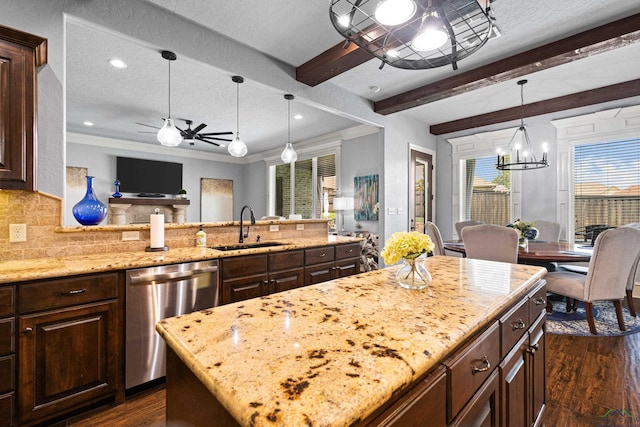 1600 Olympic Dr, Longview, TX 75605 - kitchen featuring dishwasher, a sink, a chandelier, ceiling fan, and beamed ceiling