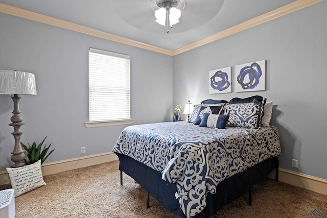 1600 Olympic Dr, Longview, TX 75605 - bedroom featuring carpet flooring, crown molding, baseboards, and a ceiling fan