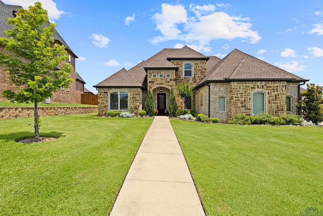 1600 Olympic Dr, Longview, TX 75605 - french country inspired facade with stone siding, a front yard, and roof with shingles