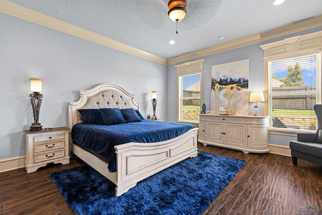 1600 Olympic Dr, Longview, TX 75605 - bedroom with ornamental molding, dark wood finished floors, a textured ceiling, baseboards, and a ceiling fan