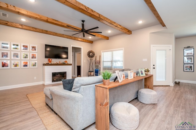 living room featuring ceiling fan and light hardwood / wood-style flooring