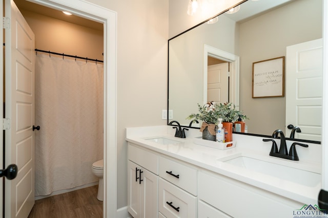 bathroom featuring vanity, hardwood / wood-style flooring, and toilet