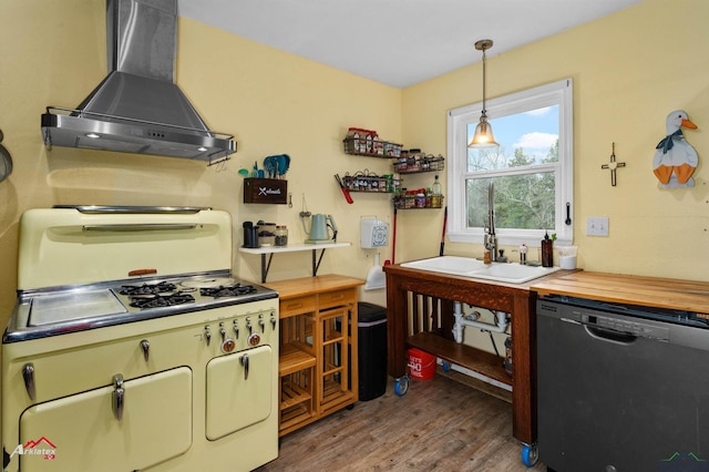 kitchen featuring sink, island range hood, decorative light fixtures, dark hardwood / wood-style flooring, and dishwasher