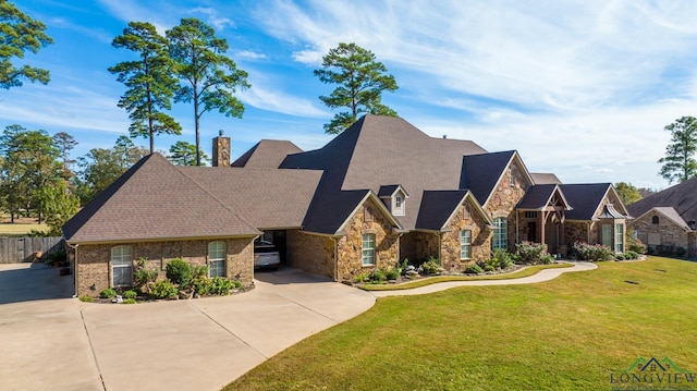 view of front of house featuring a shingled roof, concrete driveway, stone siding, a chimney, and a front lawn