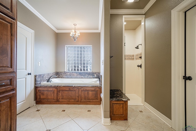 full bath with a garden tub, tile patterned flooring, a tile shower, crown molding, and a chandelier