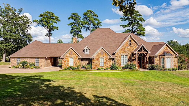 view of front of home featuring roof with shingles, a chimney, and a front lawn