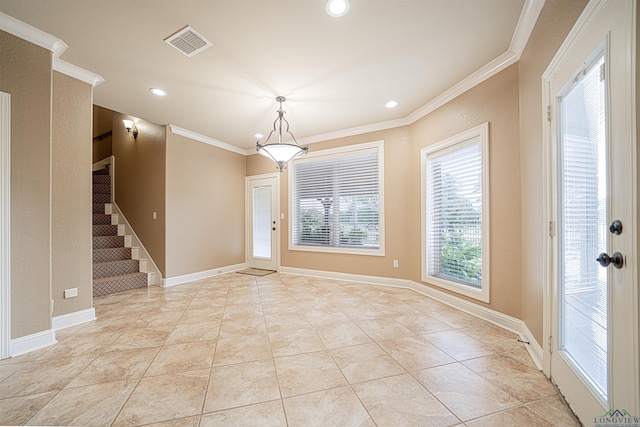 interior space with crown molding, recessed lighting, visible vents, baseboards, and stairs