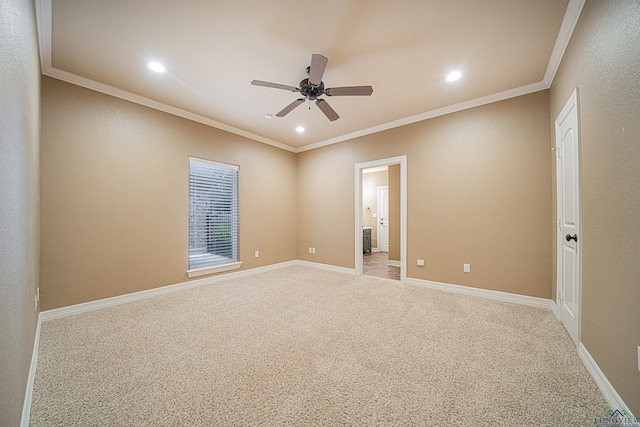 spare room featuring light carpet, baseboards, ceiling fan, crown molding, and recessed lighting