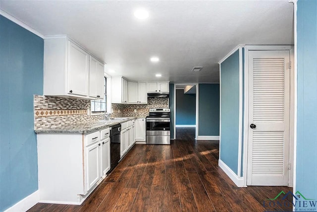 kitchen with tasteful backsplash, black dishwasher, dark wood finished floors, stainless steel electric range oven, and white cabinets
