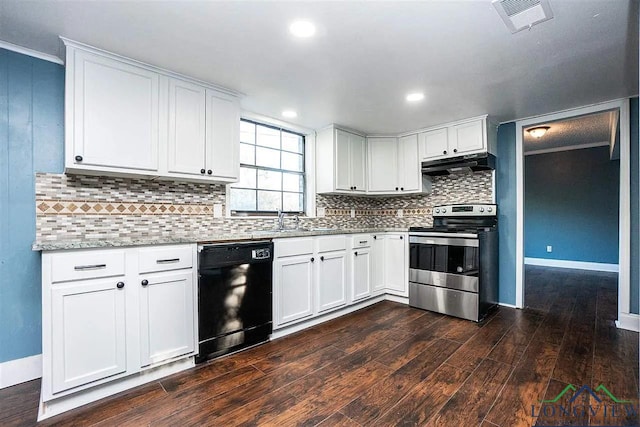 kitchen with backsplash, stainless steel electric range, under cabinet range hood, black dishwasher, and dark wood-style flooring