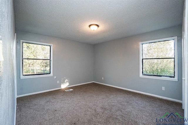 carpeted empty room featuring baseboards, a textured ceiling, visible vents, and plenty of natural light