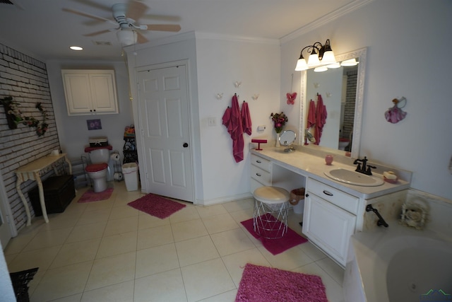 bathroom featuring a tub, vanity, ceiling fan, crown molding, and tile patterned floors