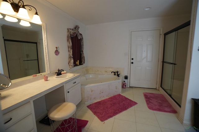 bathroom featuring independent shower and bath, vanity, tile patterned floors, and crown molding