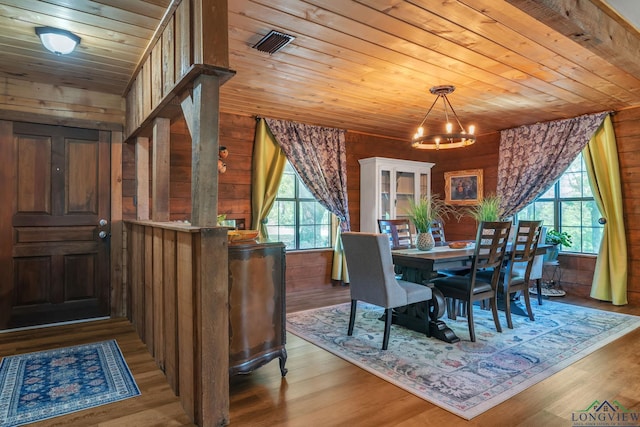 dining area featuring a wealth of natural light, a chandelier, wood finished floors, and wood ceiling