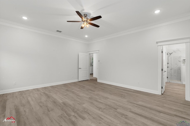 unfurnished room featuring crown molding, ceiling fan, and light wood-type flooring